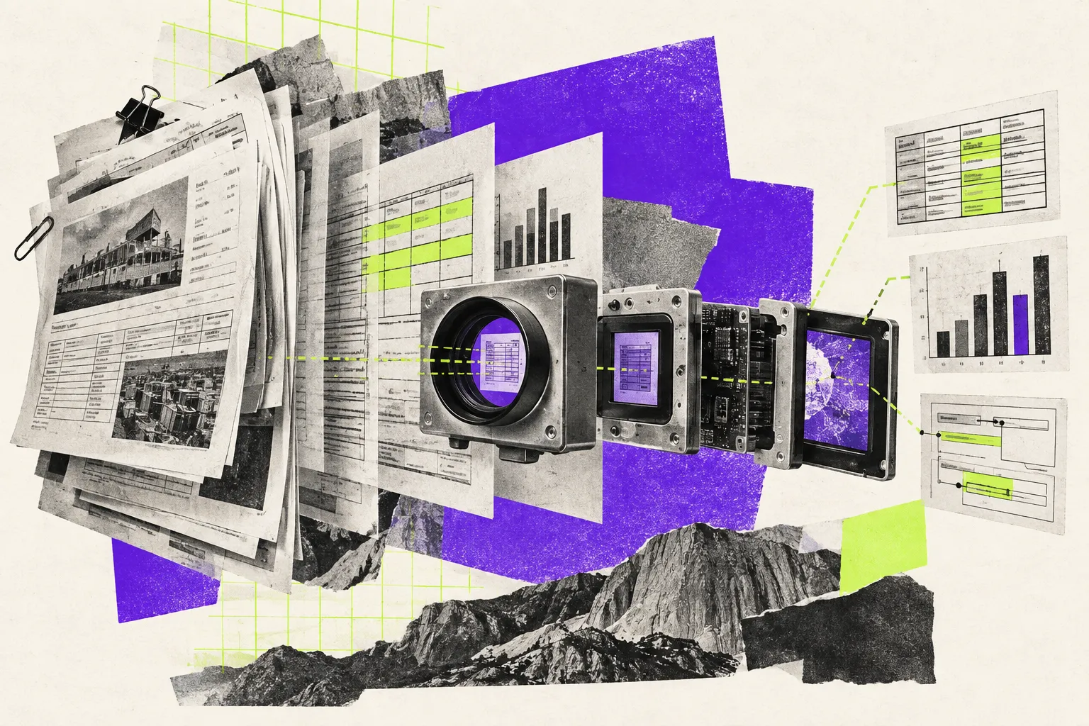 Editorial illustration for Granite Vision uses a small model to read complex documents