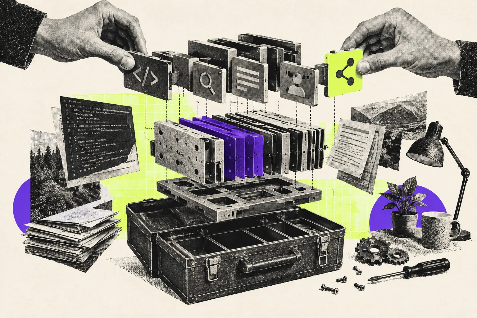 Editorial illustration for Mellum2 gives workplace tools a compact model component